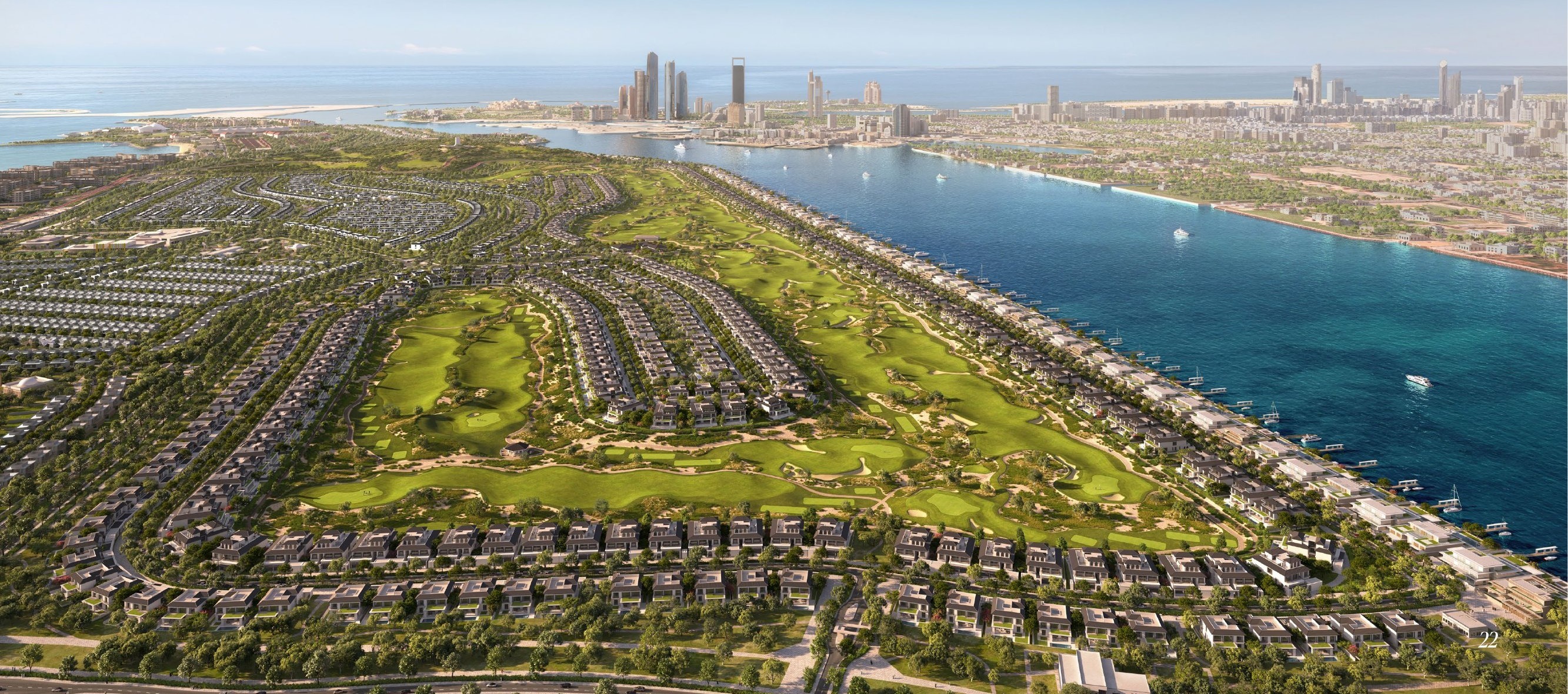 Hudayriyat Golf Estates: master community aerial showing golf course, villas, waterfront and Abu Dhabi skyline
