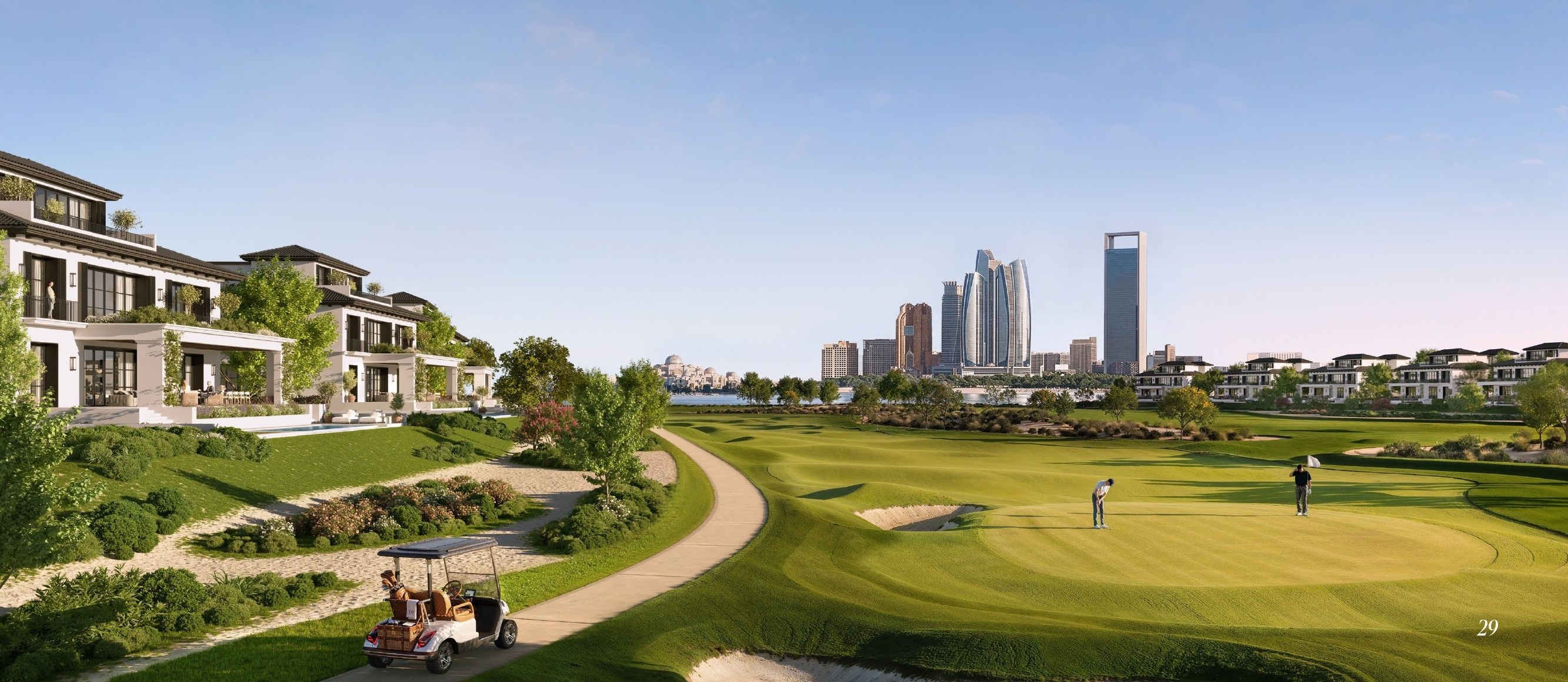 Hudayriyat Golf Estates: fairway villas alongside the 18-hole championship course with Abu Dhabi skyline