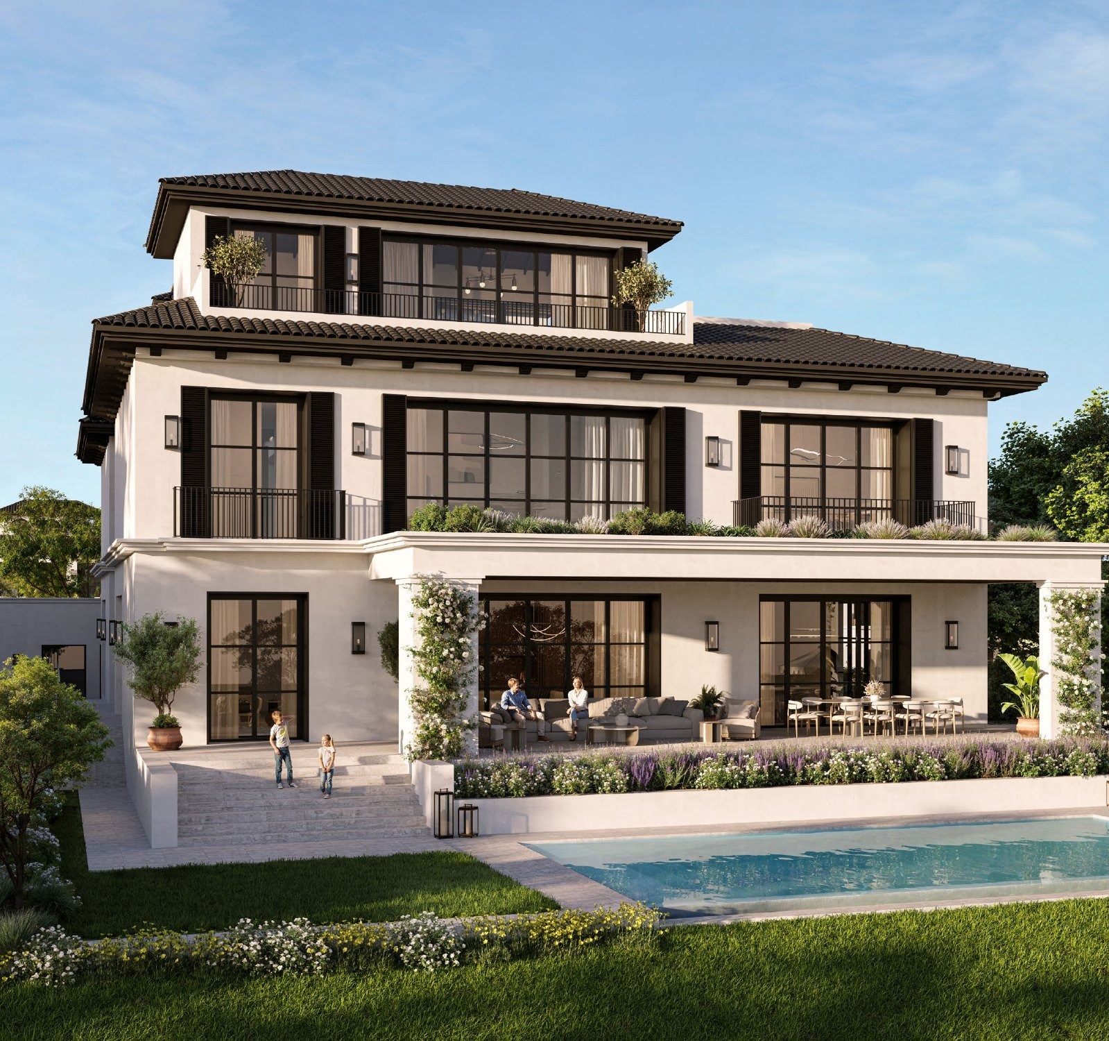Hudayriyat Golf Estates: Golf Mansion rear terrace and pool render