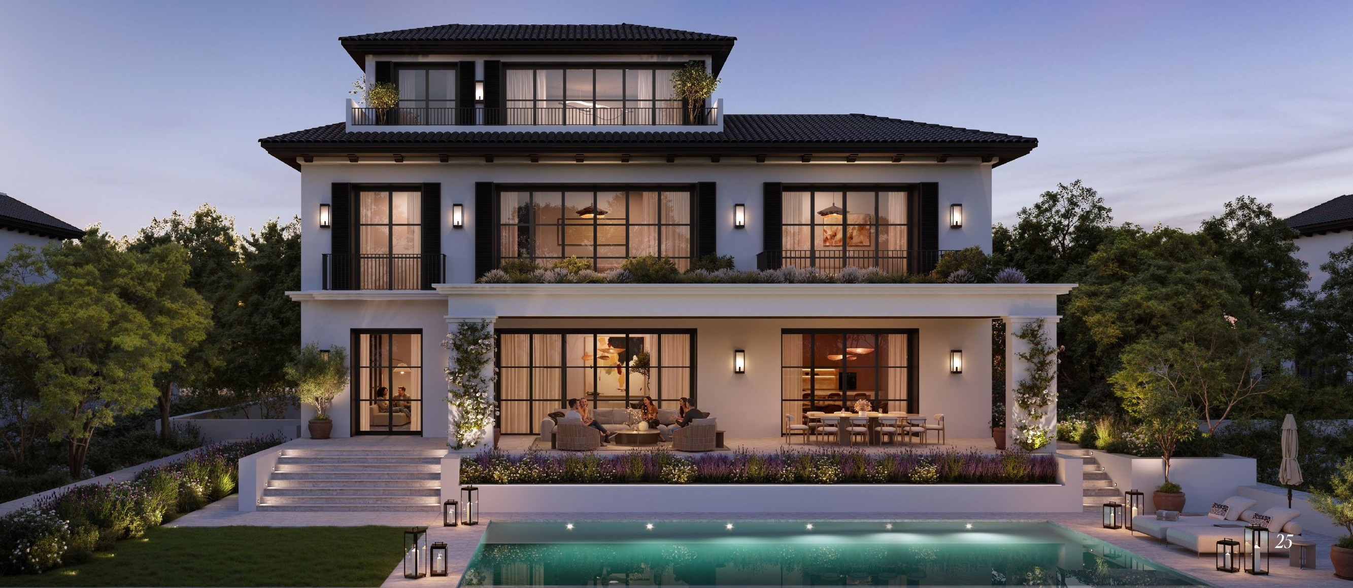 Hudayriyat Golf Estates: Golf Mansion exterior at dusk with pool and landscaped gardens