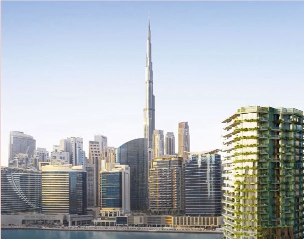 EYWA Tree of Life — exterior render showing canal-front site in Business Bay skyline with Burj Khalifa