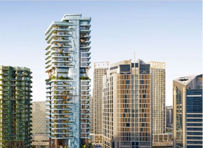 EYWA Way of Water — exterior render in Business Bay skyline context, Marasi Drive canal front