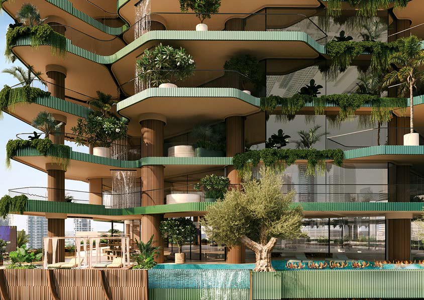 EYWA Tree of Life — community podium level showing pool terrace, olive trees and layered green balconies