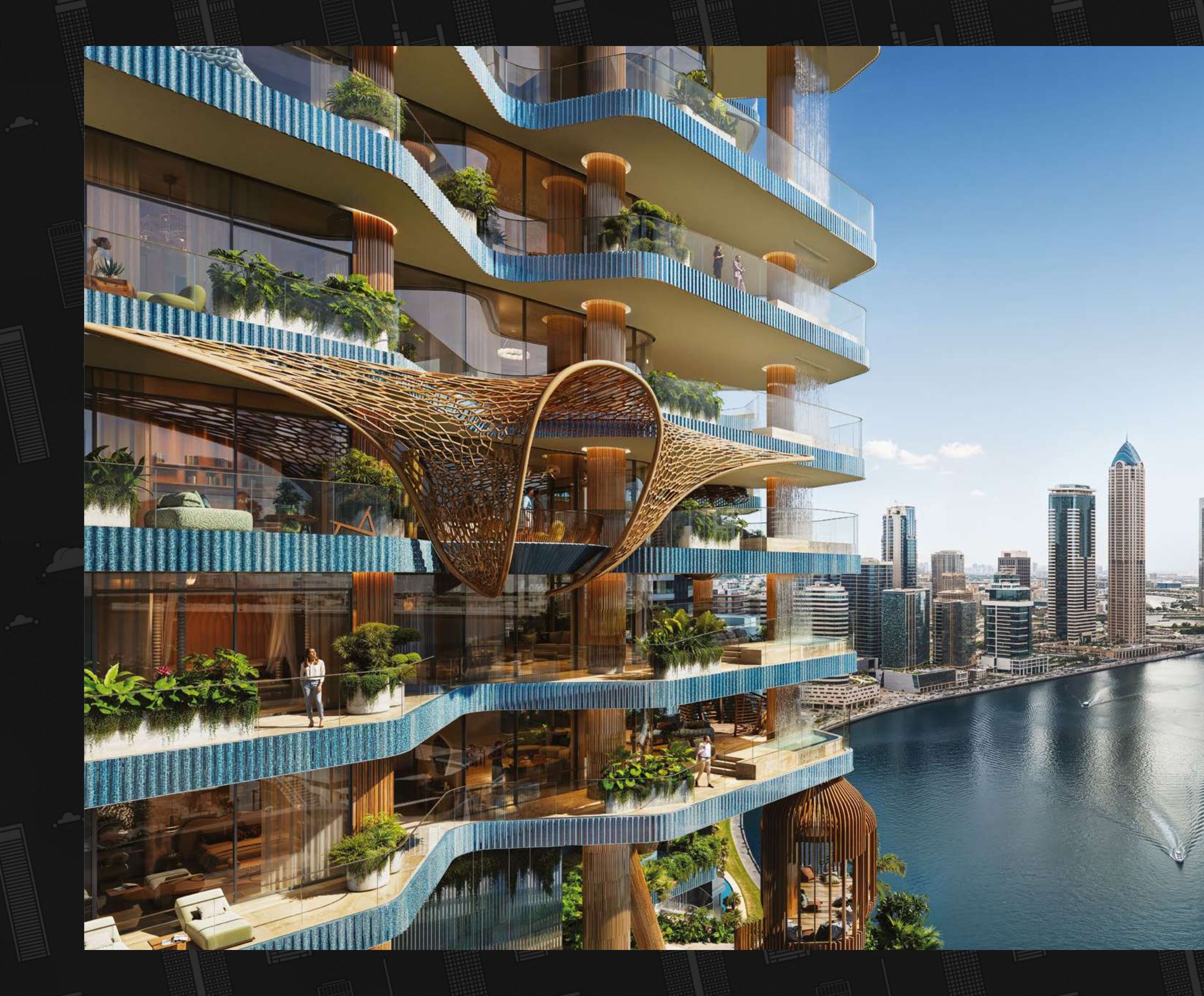 EYWA Way of Water — blue tile and wood lattice facade with terraced pools and lush planting, Business Bay canal front